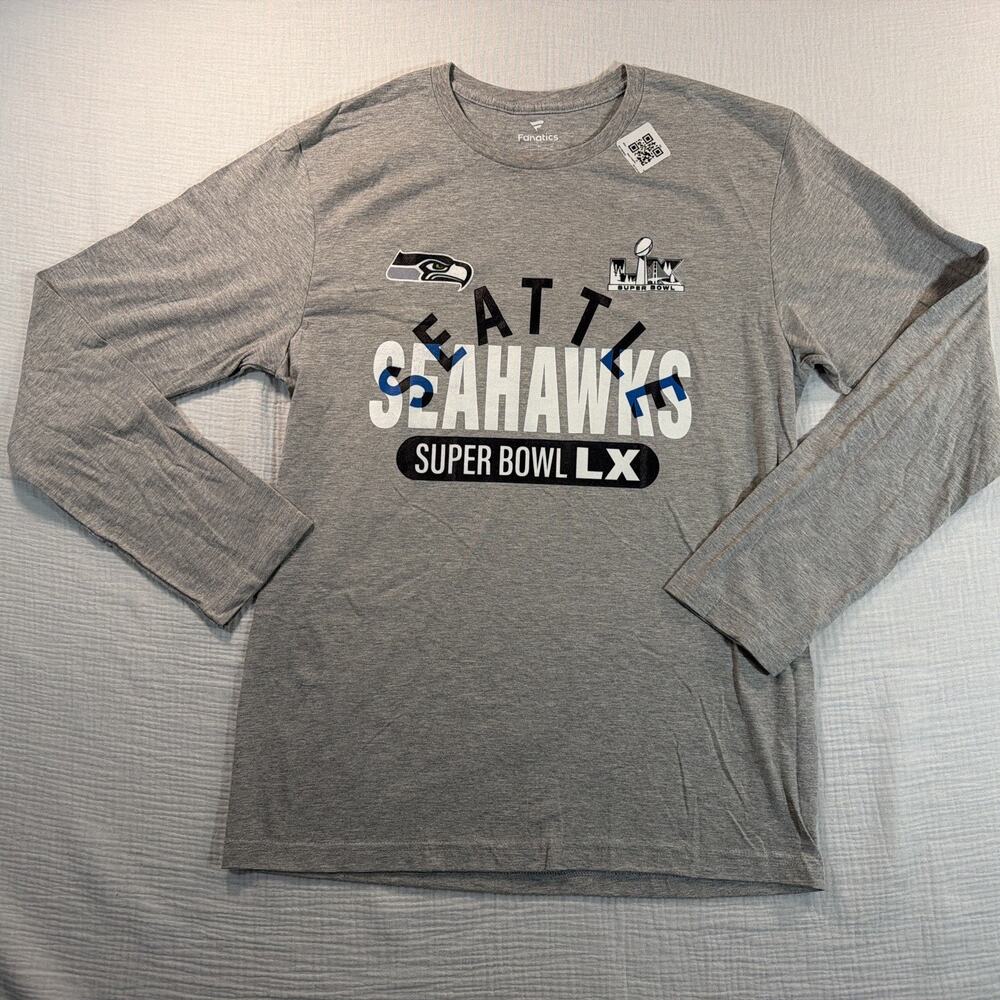Fanatics NFL Seattle Seahawks Super Bowl LX Gray Men’s Long Sleeve T Size M